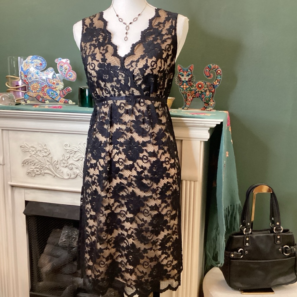 Max Studio Black and Tan Lace Scalloped‎ Empire Waist Dress
